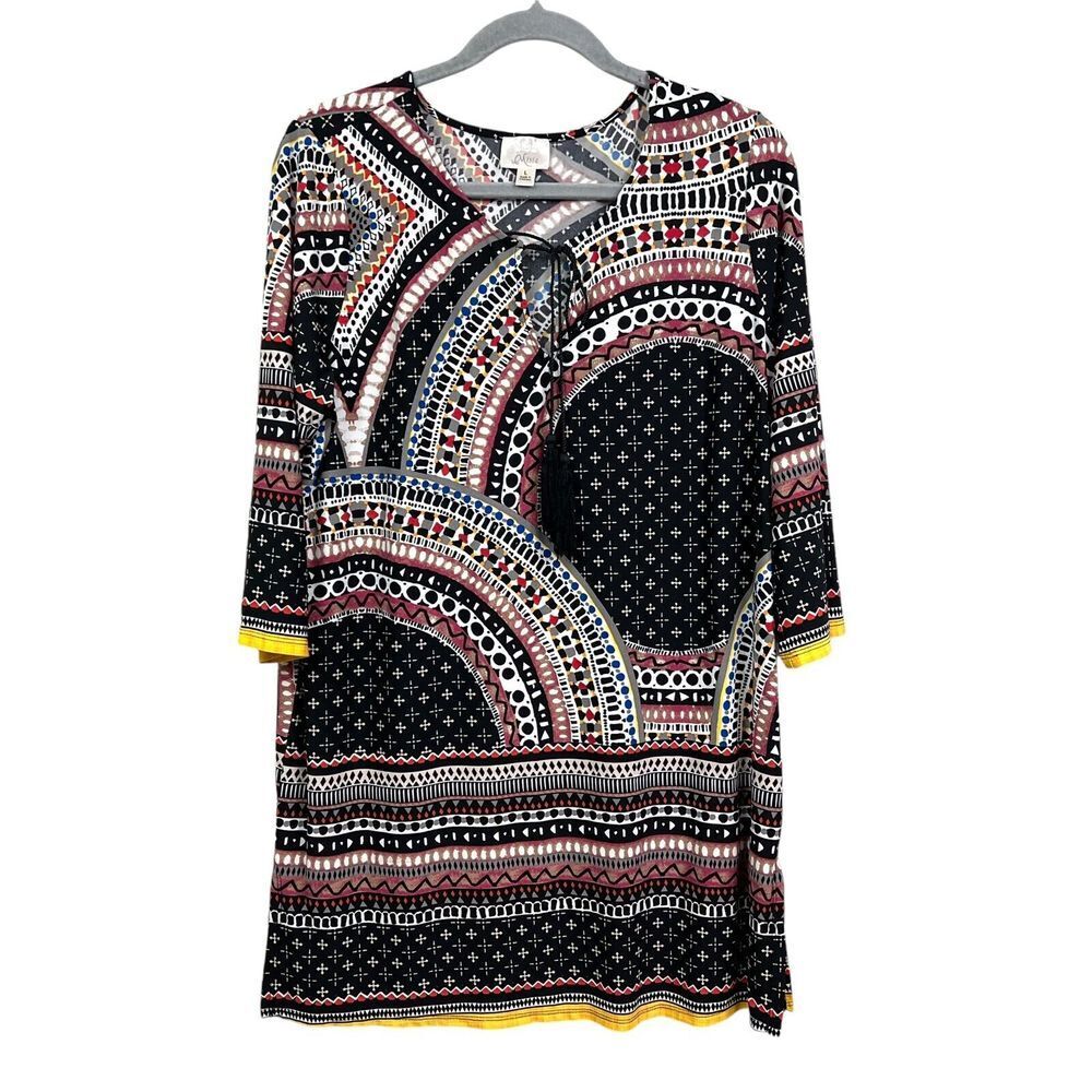 Misia Women Tunic Top Boho V Neck Tie Stretch 3/4 Sleeve Silt Hem Black Brown L*